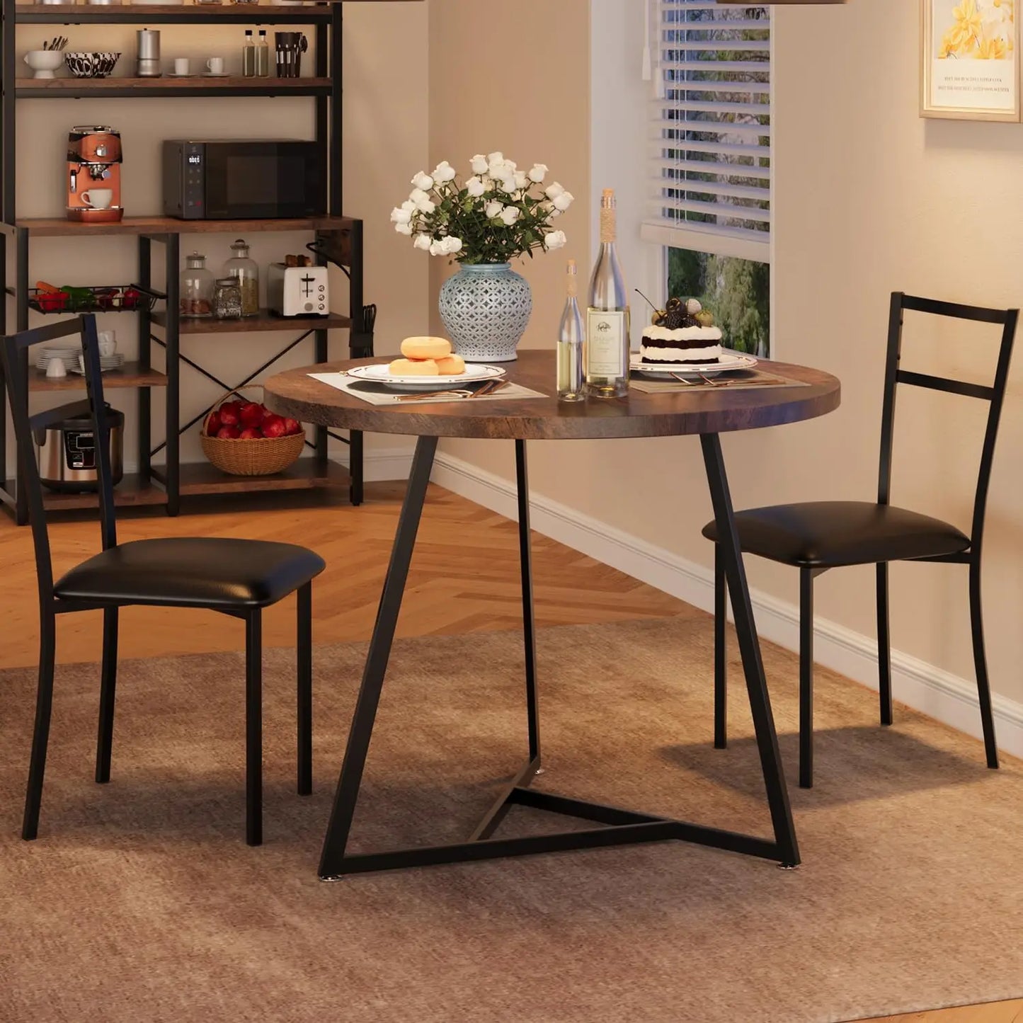 Dining Table Set for 2, Kitchen Table and Chairs for 2 with Upholstered Chairs, 3 Piece Dining Room Table Set, Round Kitchen