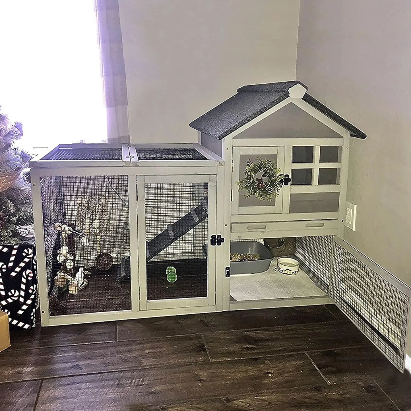 51.6"L Rabbit Hutch Indoor Outdoor, Chicken Coop with Run, Guinea Pig House Pull Out Tray, Grey