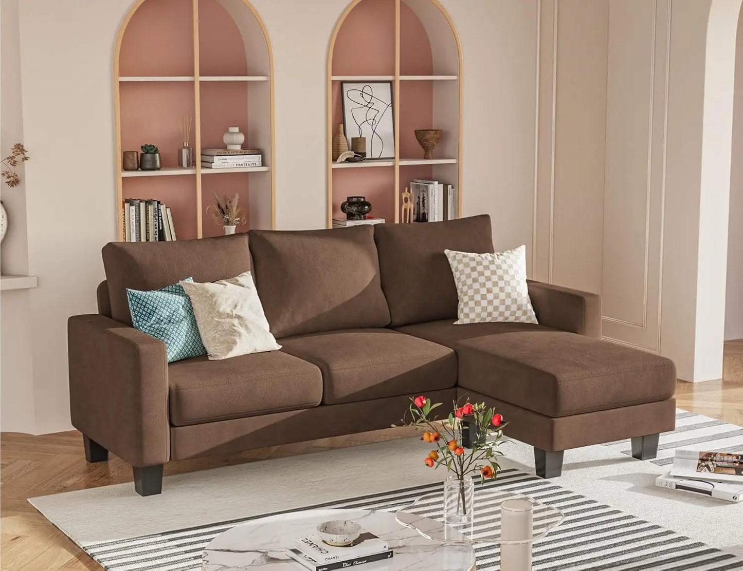 L-Shaped 3-Seater Sofa - Convertible Chaise Corduroy Couch for Small Spaces