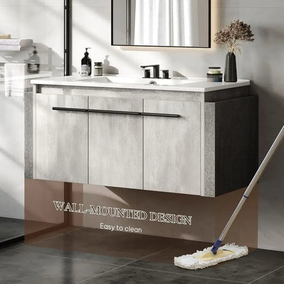 36 Inch Floating Vanity Bathroom with Sink Combo, Grey Wall Mounted Modern Vanity, Bathroom Cabinet Vanity with Soft-Closing Thr