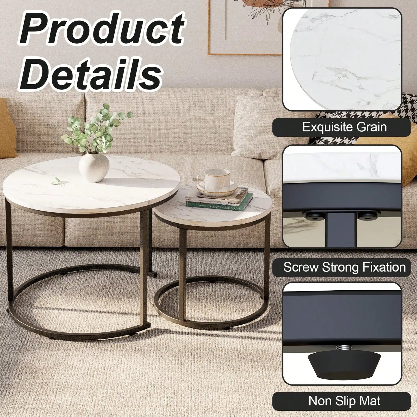 Round Nesting Coffee Table  Set of 2 End Tables for Living Room Bedroom Balcony