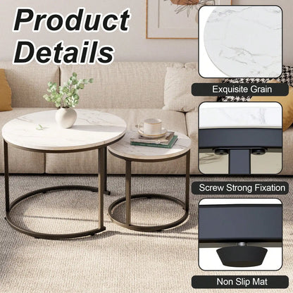 Round Nesting Coffee Table  Set of 2 End Tables for Living Room Bedroom Balcony