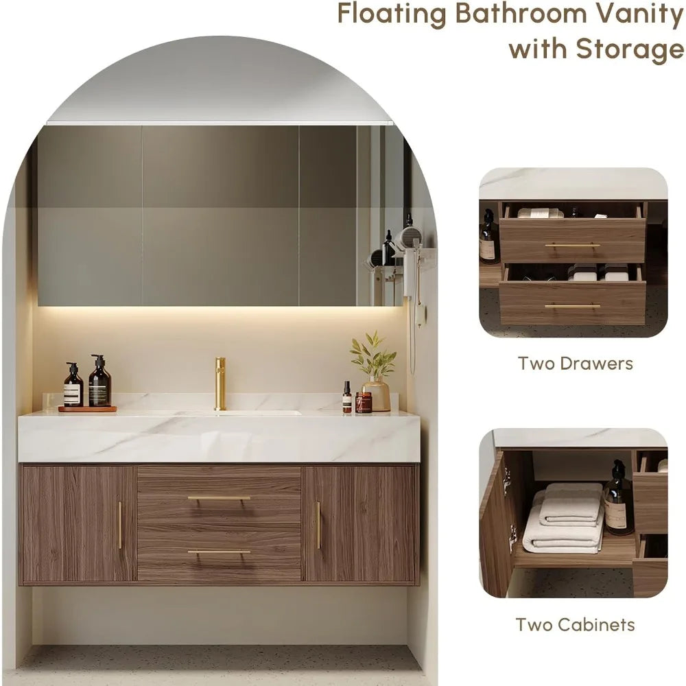 Floating Bathroom Vanity with Sintered Stone Vessel Sink 2 Drawers (Walnut with Doors, 39.4'')