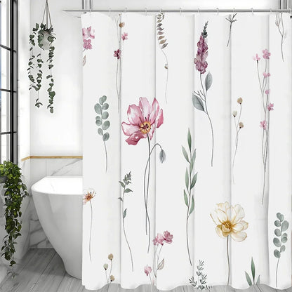 Watercolor Flower Shower Curtain, Bathroom Decorative Shower Curtain, Waterproof Shower Curtain with Hooks