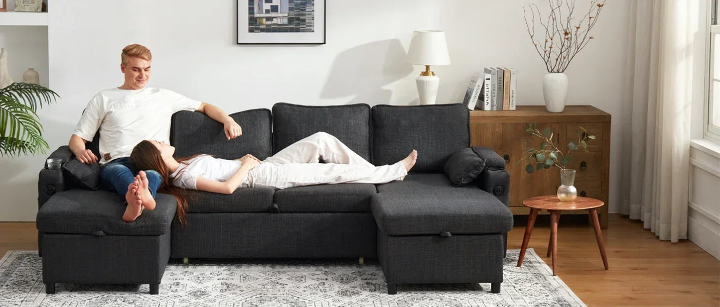 Sleeper Sofa Pullout Bed for Living Room.L Shaped Couch with Storage Chaise.USB.Cup Holder (Dark G