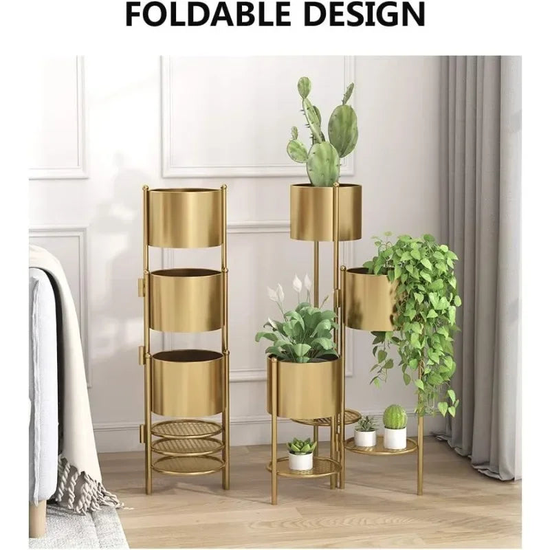 Plant Stand, 6 Tier 6 Potted Indoor Gold Flower Pot Stand Holder Shelf, Foldable Decorative Display Rack for Multiple Potted