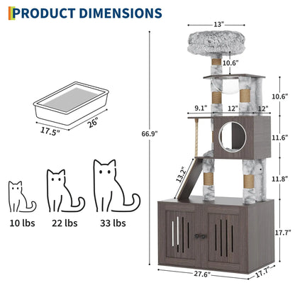 66.9'' Multi-Level Cat Tree Tower with Enclosed Litter Box – Condo/Perch/Scratching Posts/Capsule Nest, Cat Furniture for Indoor