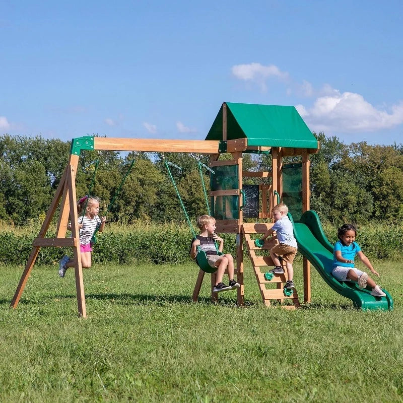 Wood Swing Set with Wave Slide, Play Deck, Rock Wall Ladder, Belt Swings, Chalkboard, Cano