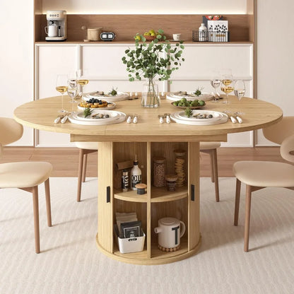 Extendable Dining Table 43-59" for 4-6 People, Solid Wood Top with Fluted Slide Door & 8-Compartment Storage, Space-Saving Desig