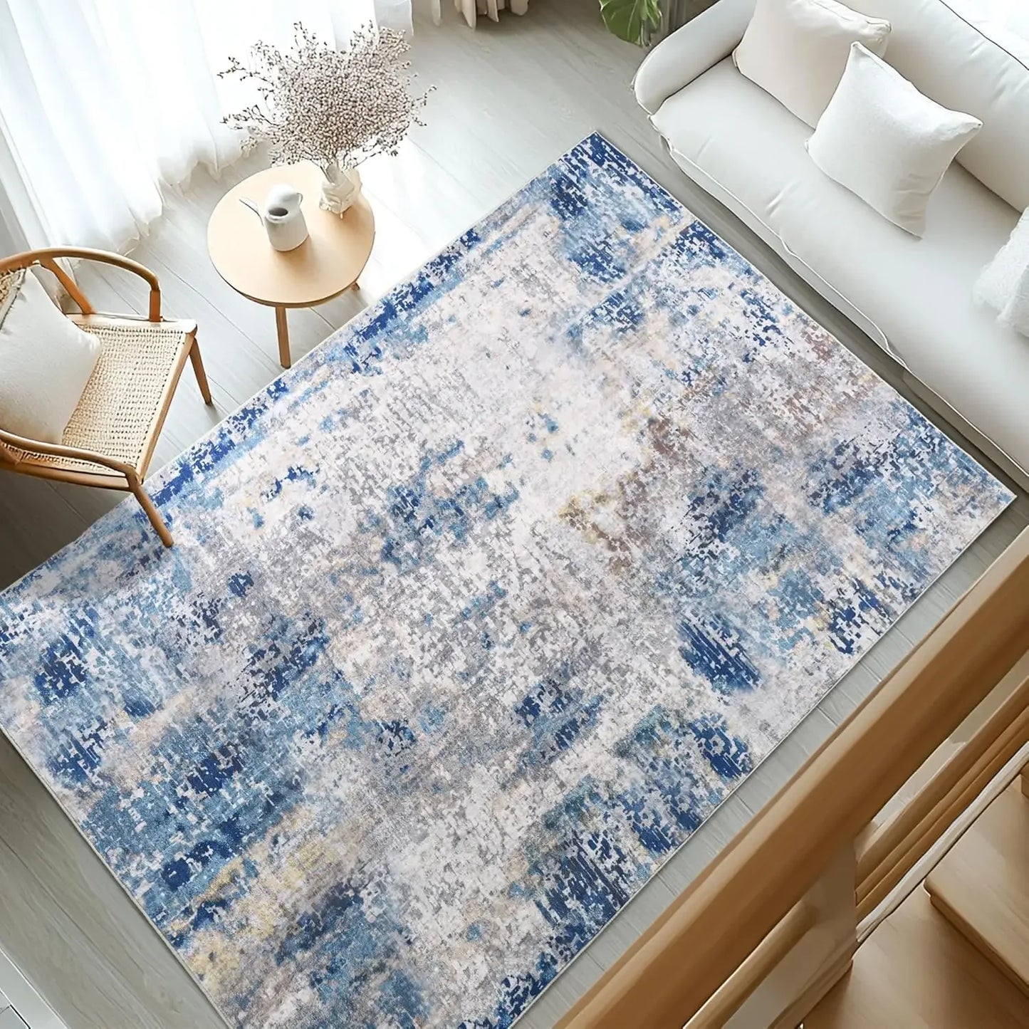 Modern Abstract Washable Area Rugs  Stain Resistant Non Slip Large Blue Soft Indoor Carpet for Home Decor