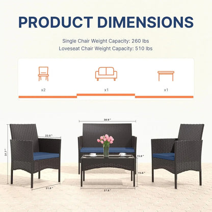 4-Piece Outdoor Patio Furniture Set, Wicker Rattan Chairs & Sofa with Cushions and Glass Coffee Table, Conversation Set for Back