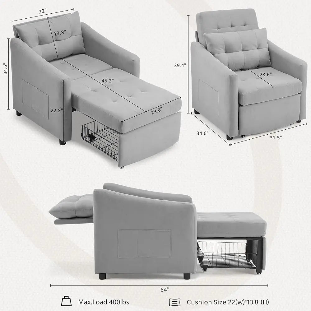 3-in-1 Convertible Sleeper Sofa Chair Bed with Storage Drawer & Pillow, Pull Out Couch with Side Pocket & Adjustable Backrest