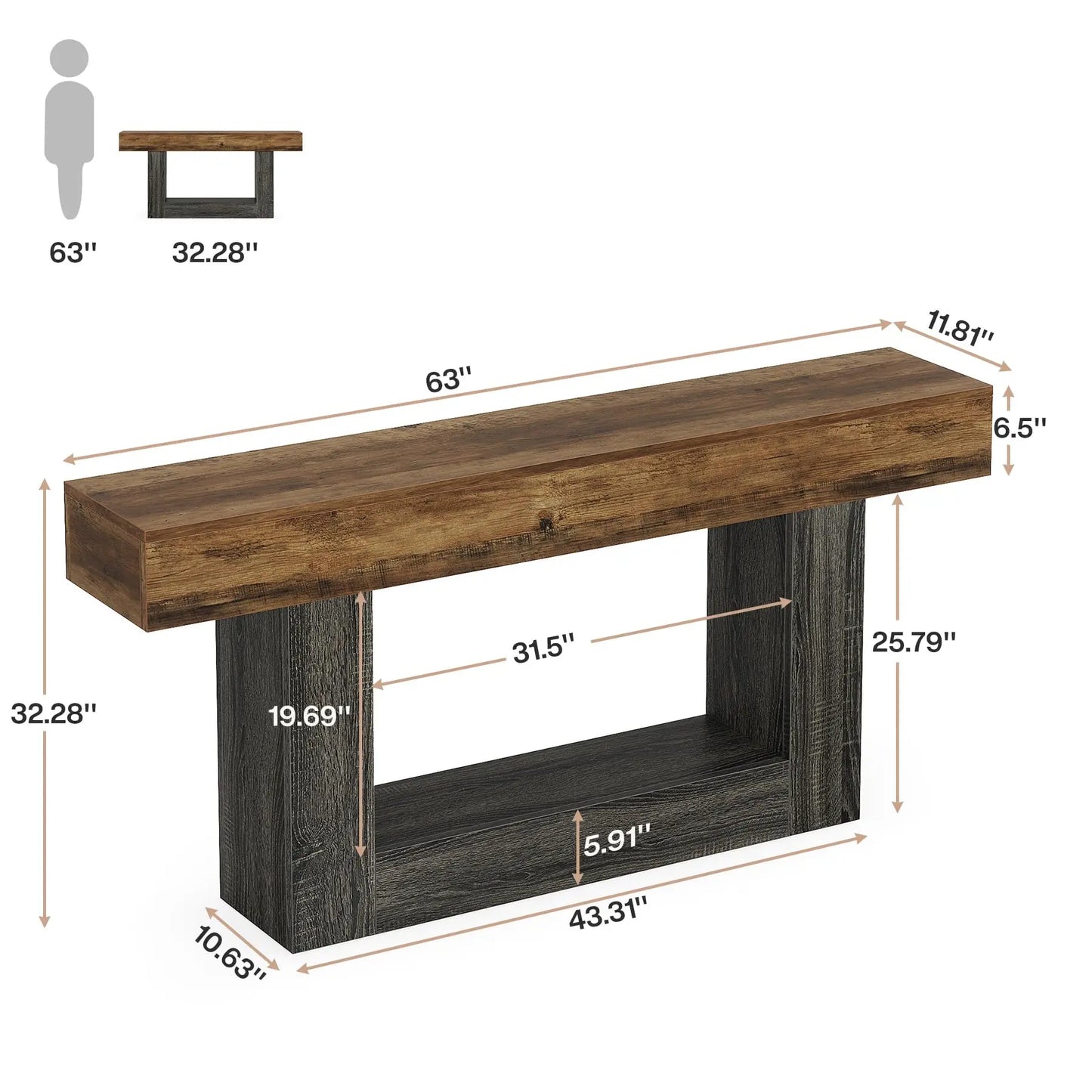 63" Console Table, Farmhouse 2-Tier Entryway Table with U-Shaped Base, Narrow Long Wood Sofa Table Behind Couch Table