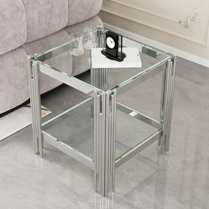 Modern Stainless Steel Leg Square Clear Tempered Glass End Table for Living Room and Sofa Side