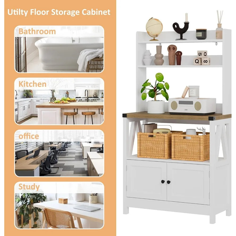 White Microwave Stand Bakers Rack Cabinet, Freestanding 5-Tier Kitchen Storage with Shelves, Farmhouse Floor Hutch Door Thickene