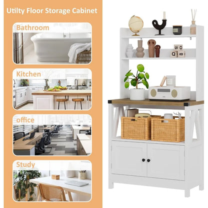 White Microwave Stand Bakers Rack Cabinet, Freestanding 5-Tier Kitchen Storage with Shelves, Farmhouse Floor Hutch Door Thickene