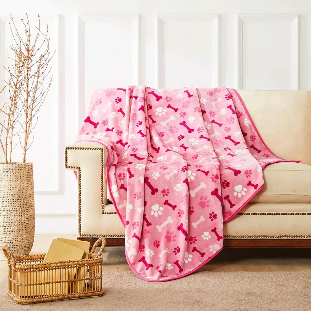 Luxurious Dog Blanket, 350 GSM Super Fuzzy Microplush Fleece Pet Blankets for Small Medium Large Dogs and Cats, Pink Paw and Bo