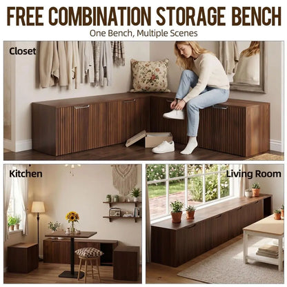 L Shaped Storage Bench, Modular Corner Dining Bench Seating, 63 Breakfast Nook Bench w Hidden Storage, Safety SoftClose Hinges,