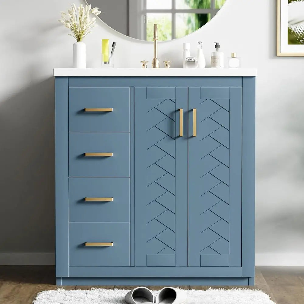 Herringbone Single Sink Bathroom Vanity, Freestanding 30" Modern Bathroom Vanity Storage Cabinet with 3 Drawers and 2 Doors, Sol
