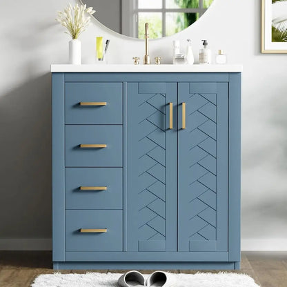 Herringbone Single Sink Bathroom Vanity, Freestanding 30" Modern Bathroom Vanity Storage Cabinet with 3 Drawers and 2 Doors, Sol
