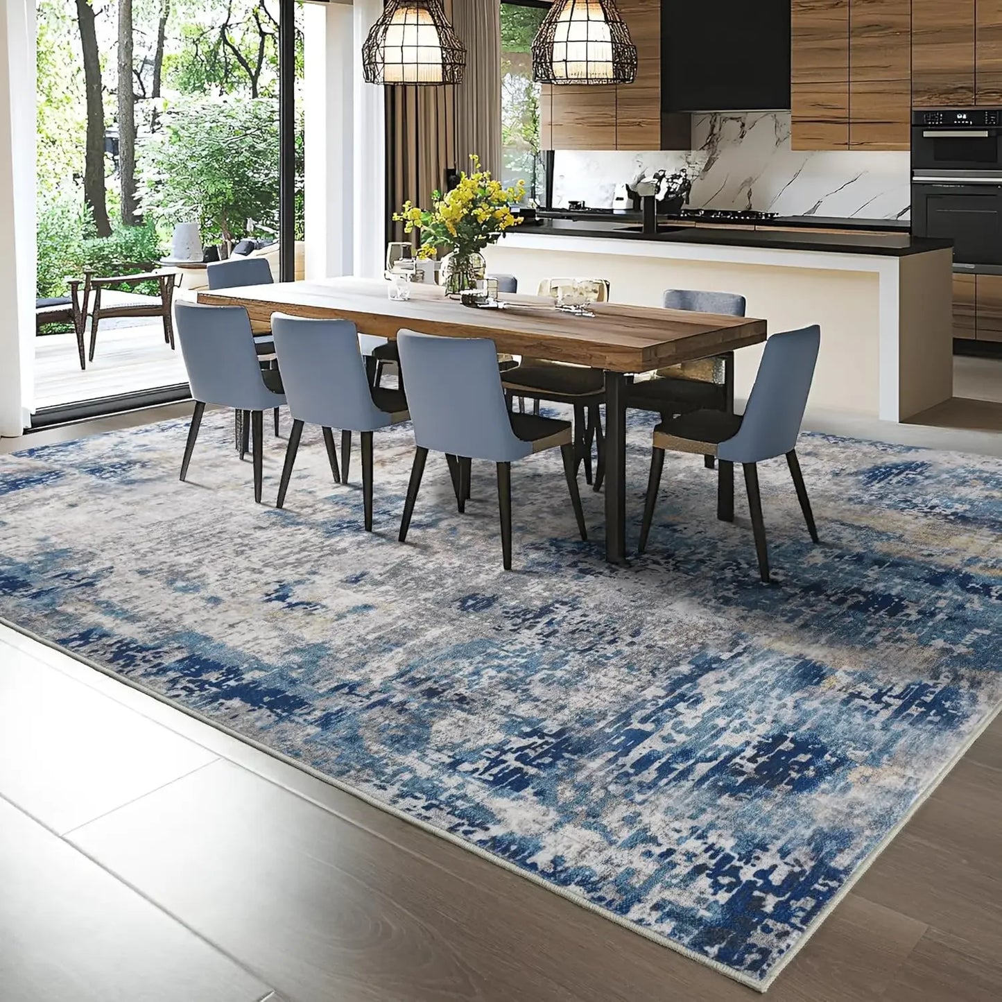 Modern Abstract Washable Area Rugs  Stain Resistant Non Slip Large Blue Soft Indoor Carpet for Home Decor