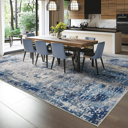 Modern Abstract Washable Area Rugs  Stain Resistant Non Slip Large Blue Soft Indoor Carpet for Home Decor