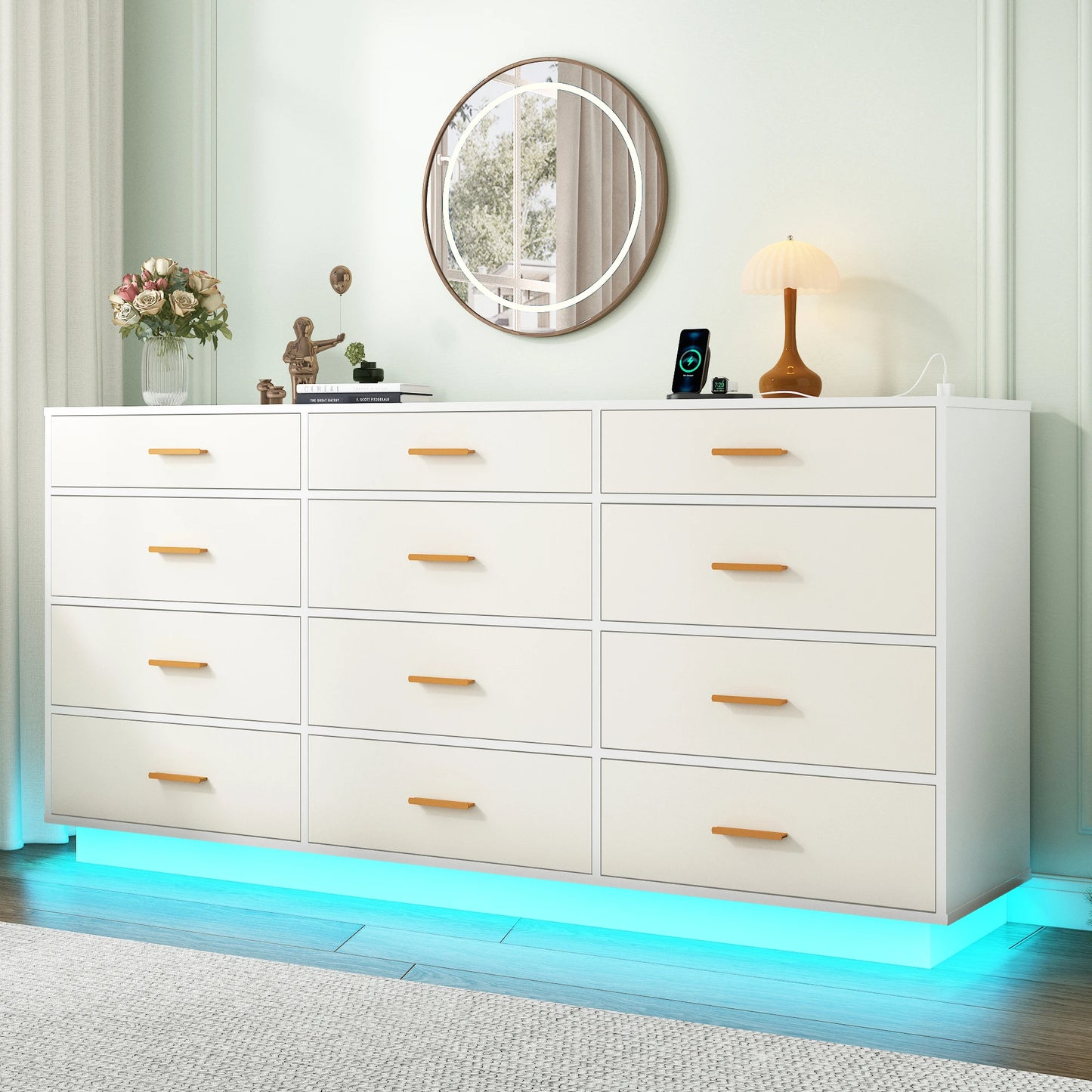 12 Drawer 63" Modern Dresser for Bedroom with Power Outlets & LED Light