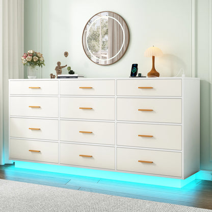 12 Drawer 63" Modern Dresser for Bedroom with Power Outlets & LED Light