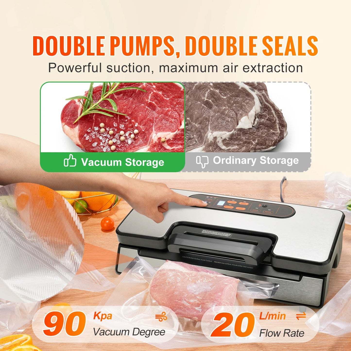 90Kpa 130W Vacuum Sealer Food Packaging Machine with Free 10pcs Vacuum bags for Household Kitchen