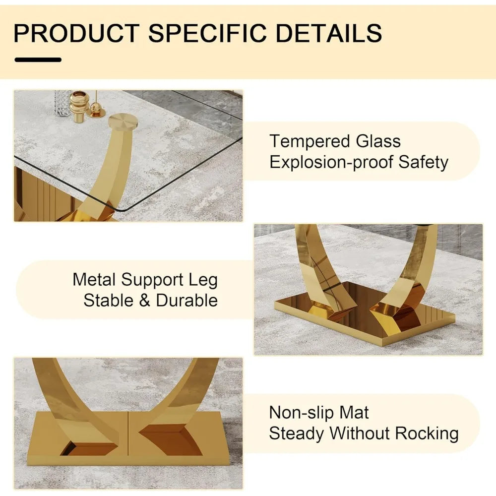 Glass Dining Table Set for 6, Modern Kitchen Table Set for 6, 71" Tempered Glass Tabletop with U-Shaped Gold Base, 7 Ppiece