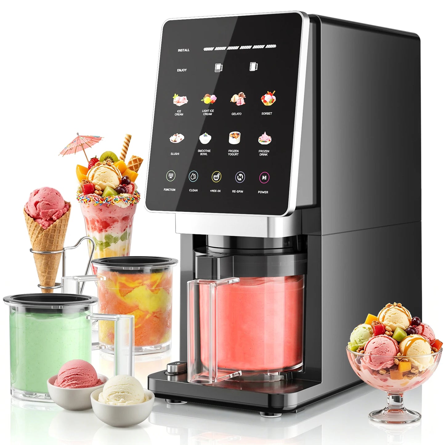 11 in 1 Ice Cream Maker with Recipe, Mix-in & Re-spin for Creamy Texture | 3 Pints Diary Free Keto-Friendly Frozen Dessert Machine, Frozen Treat, Yogurt, Sorbet, Gelato, Smoothie Bowls