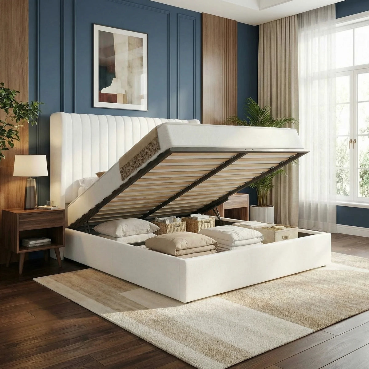 Full/Queen/King Lift Up Storage Bed Frame, Hydraulic Support System, Upholstered Platform Bed Frame, Underneath Storage,
