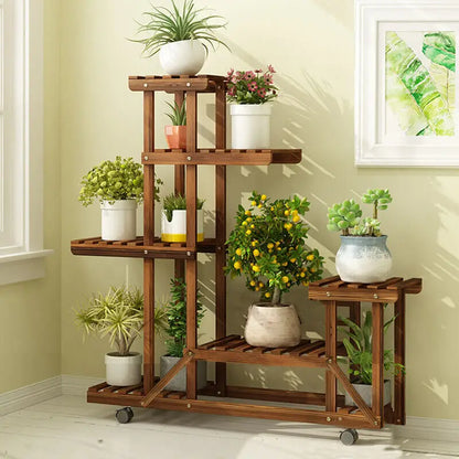 wheels Wooden Plant Stand with Wheels Multi-Layer Rolling Plant Flower Display Shelf Indoor Movable Storage Rack Holder Outdoor fo