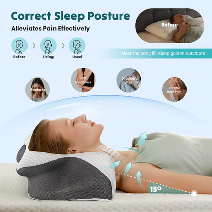 Ergonomic 23.6" Largex13.8" Wide Cervical Neck Pillow Memory Foam Pillow with Cooling Pillowcase Cervical Contour Pillows