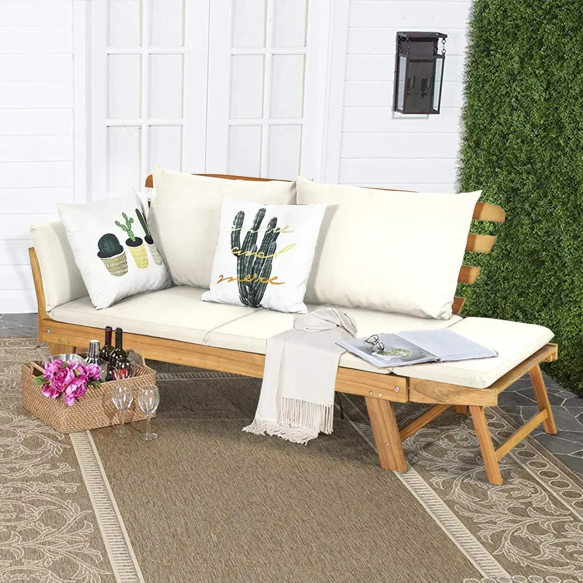 Convertible Acacia Wood Patio Couch Sofa Bed with Adjustable Armrest, Outdoor Daybed with Cushion & Pillows, Outside Folding Fu
