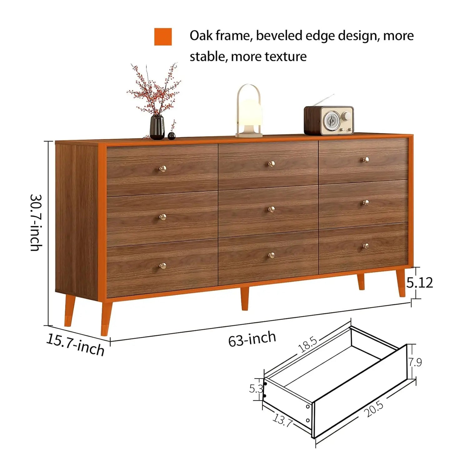 9 Drawer Dresser for Bedroom, 63 Inch Walnut Dresser for Closet, Mid Century Wood Chest of Drawers with Natural, Customized