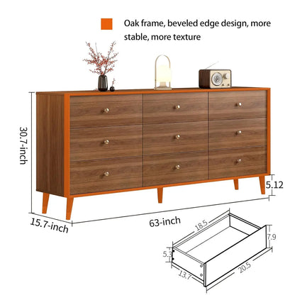 9 Drawer Dresser for Bedroom, 63 Inch Walnut Dresser for Closet, Mid Century Wood Chest of Drawers with Natural, Customized