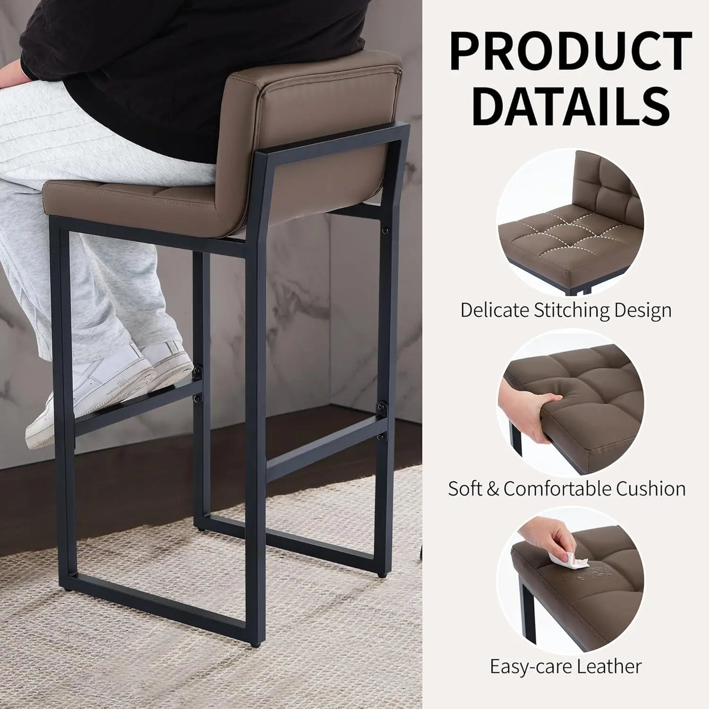 Modern Counter Height Bar Stools Set of 2, Faux Leather Low Back with Footrest for Kitchen Island (Coffee Brown)