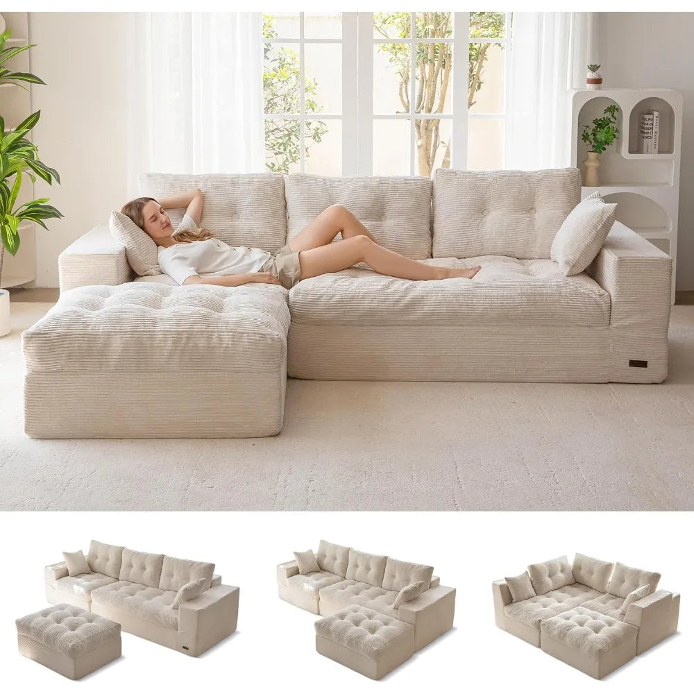L-Shaped Sectional Sofa with Convertible Left/Right Ottoman, Cloud Boneless Modular Couch