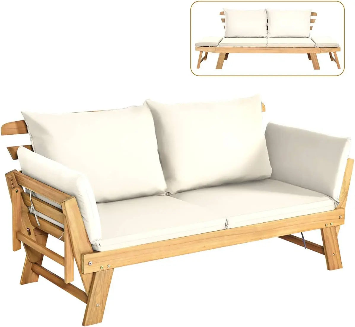 Convertible Acacia Wood Patio Couch Sofa Bed with Adjustable Armrest, Outdoor Daybed with Cushion & Pillows, Outside Folding Fu