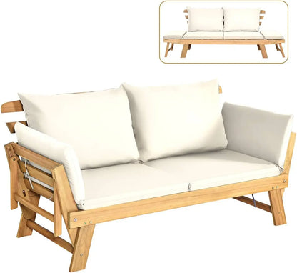 Convertible Acacia Wood Patio Couch Sofa Bed with Adjustable Armrest, Outdoor Daybed with Cushion & Pillows, Outside Folding Fu