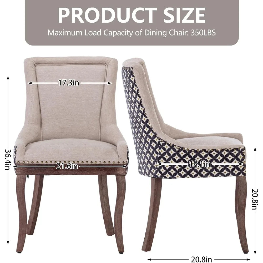 Modern Dining Chairs Set of 2 - High Back Upholstered Fabric Chairs with Solid Wood Legs for Dining Room