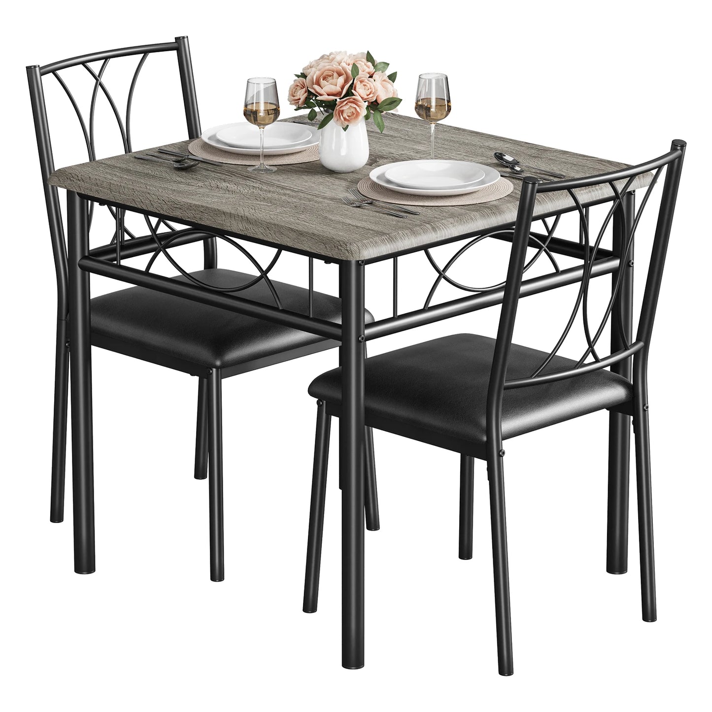 Dining Table Set for 2, Kitchen Table and Chairs, Square Dining Room Table Set with  Metal and Wood Chairs