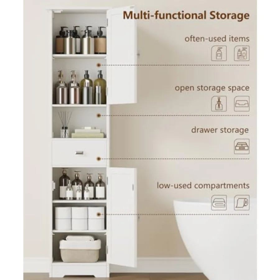 Tall Bathroom Storage Cabinet with 2 Doors 67" H Narrow Floor Cabinet with Adjustable Shelves and Drawer Anti-Tip Design 11.8 x