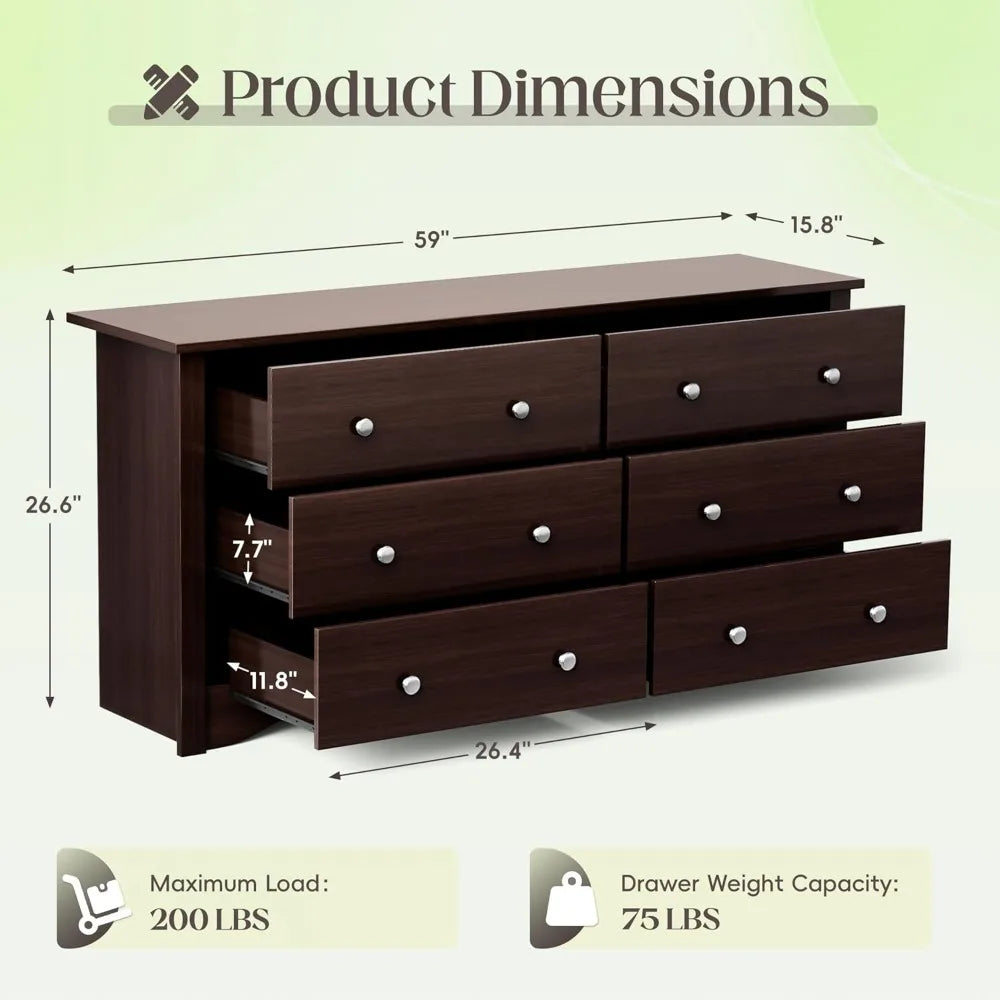 Dresser for Bedroom, 6 Wood Dresser Drawers, Wide Chest of Drawers, Storage Tower Unit Modern Design Bedroom Living Room