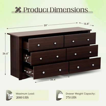 Dresser for Bedroom, 6 Wood Dresser Drawers, Wide Chest of Drawers, Storage Tower Unit Modern Design Bedroom Living Room