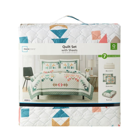 7 Piece Full Size Multicolor Quilt Set with Soft Wash Sheets Pillowcases Shams Machine Washable Storage Bag Cozy Reversible