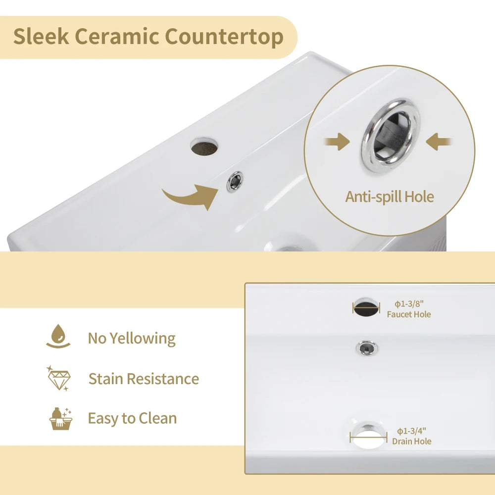 21.6" Open-shelving Bathroom Vanity with Ceramic Sink and Soft-Closing Door, Cloakroom Open Shelf Storage Cabinet on the Left