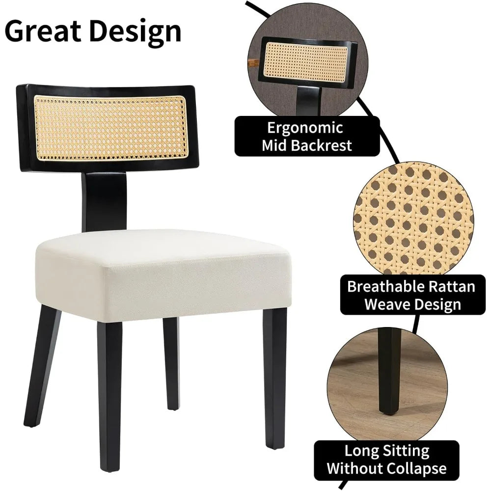 4-Pack Mid-Century Rattan Dining Chairs Fabric Upholstered with Black Wood Frame, Curved Back & Armless Design