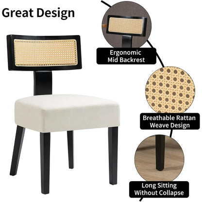 4-Pack Mid-Century Rattan Dining Chairs Fabric Upholstered with Black Wood Frame, Curved Back & Armless Design